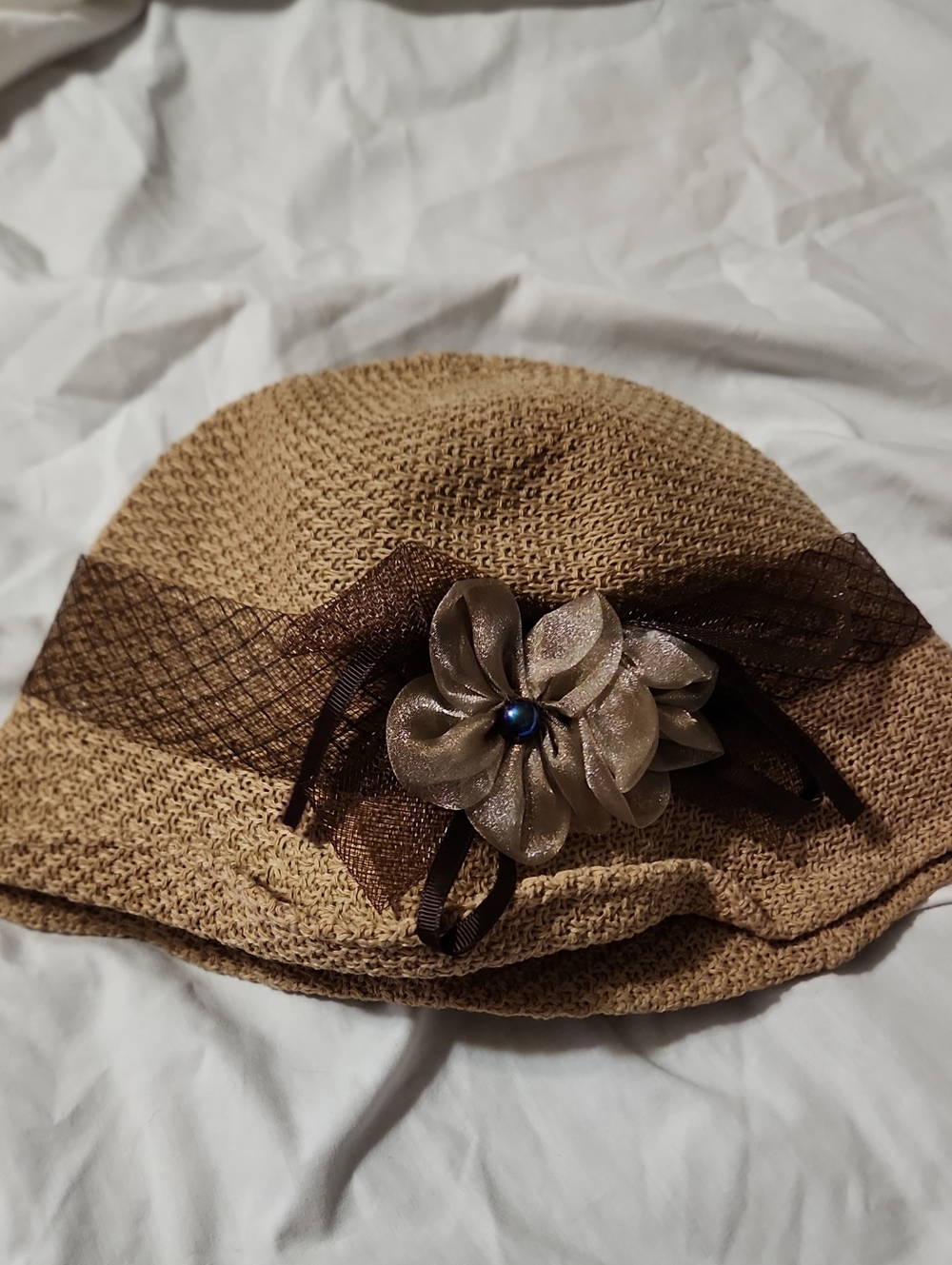 Women's Tan Straw Cloche Hat with Brown Ribbon and Flower Accent